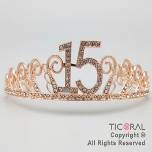 TIARA CORONA 15 A�OS METAL ROSA GOLD CON STRASS X 1